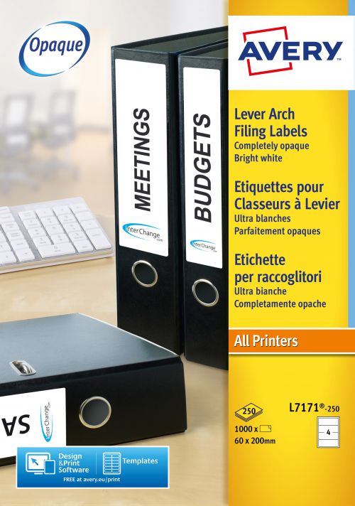 Avery L7171-250 Filing labels, 200 x 60 mm, Permanent, 4 Labels Per Sheet, 1000 Labels Per Pack