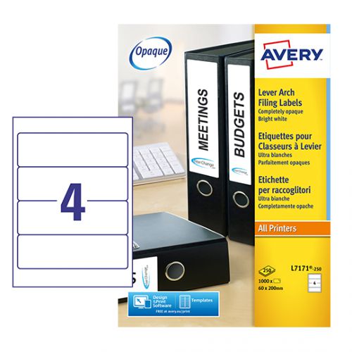 Avery Filing Labels Laser Lever Arch 4 per Sheet 200x60mm Ref L7171-250 [1000 Labels]