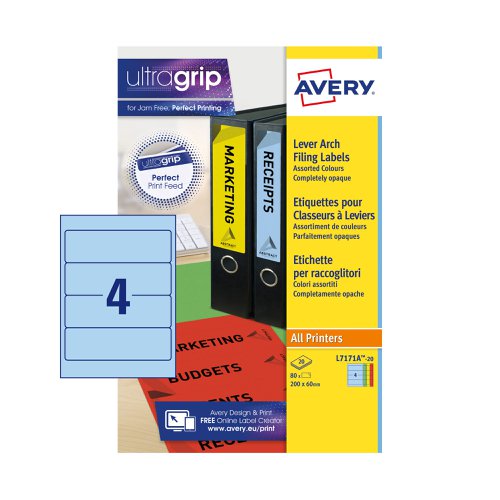 Avery Laser Filing Label Lever Arch File 200x60mm 4 Per A4 Sheet Multicoloured (Pack 80 Labels) - L7171A-20