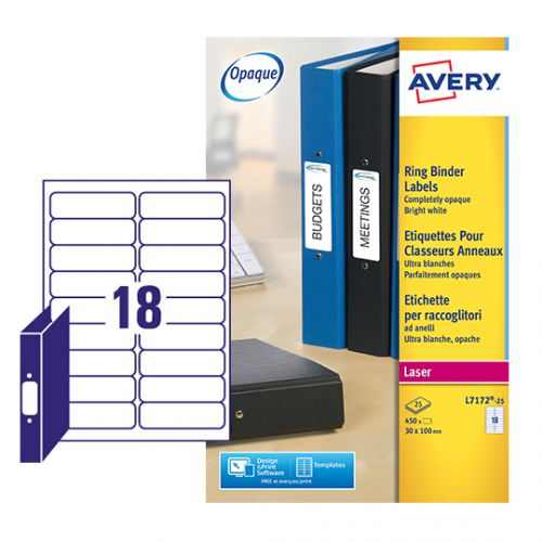 Avery Laser Ring Binder Label 100mmx30mm White (Pack of 450) L7172-25 AVL7172