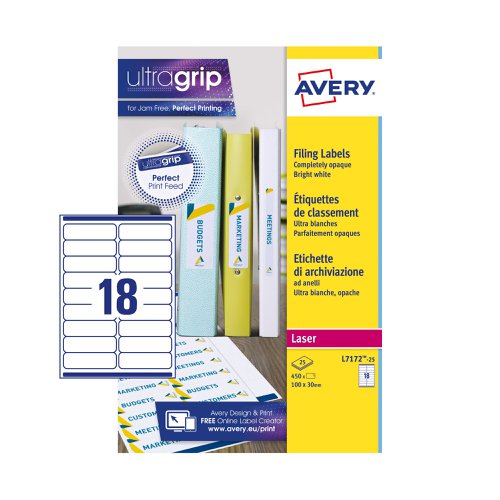 Avery Laser Filing Label Ring Binder 100x30mm 18 Per A4 Sheet White (Pack 450 Labels) L7172-25