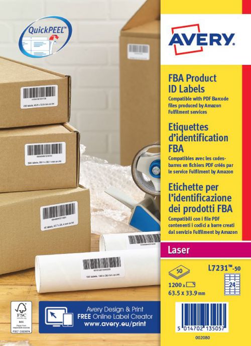 Avery L7231-50 FBA Labels, 63.5 x 33.9mm, Permanent, 24 Labels Per Sheet, 1200 Labels Per Pack