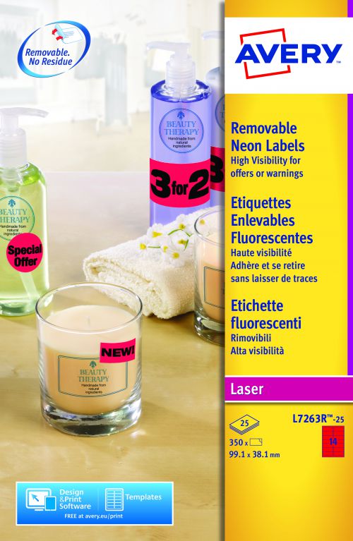 Avery L7263R-25 Neon Labels, 99.1 x 38.1 mm, Removable, 14 Labels Per Sheet, 350 Labels Per Pack