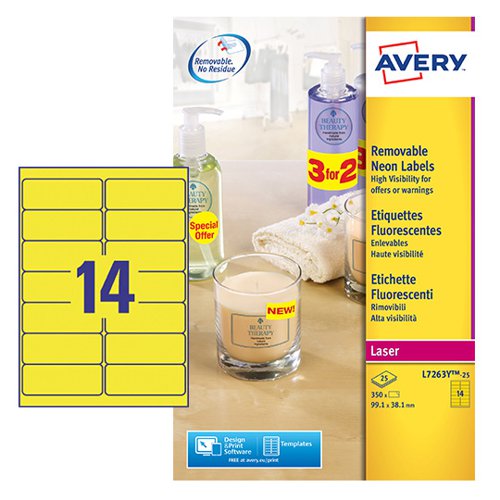 Avery Laser High Visibility Removable Label 99x38mm 14 Per A4 Sheet Neon Yellow (Pack 350 Labels ) L7263Y-25 Avery UK