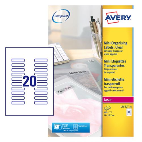 44398AV | Make undelivered mail a thing of the past by adding your return address to your mailings. Avery Clear Mini Address Labels are a great little way to ensure undelivered mail is returned to the sender. These small sized transparent labels come in 20 labels per sheet dedicated for use in black and white or colour laser printers. They will look sharp and smart on the back of your envelopes and let the colour of your envelopes shine through. And with our QuickPEEL™ technology, applying labels is fast. Simply divide the 20 labels on the sheet along the perforation to expose the label edges and then peel and apply, it is so easy and makes labelling of your mail so much quicker. The label format is 55 x 12.7 mm with 20 labels per sheet.