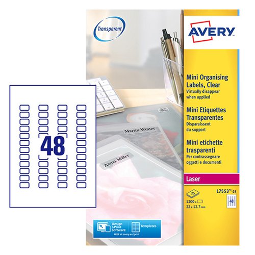 Avery QuickPEEL Mini Labels Laser 48TV 22x12.7mm Clear L7553-25 [1200 Labels]