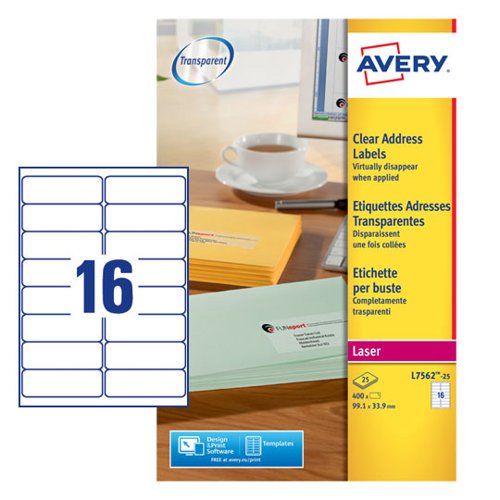 Avery Laser Labels 99.1x34mm Avery Laser Labels 99.1x34 Clear 25 Sheets 400 Labels