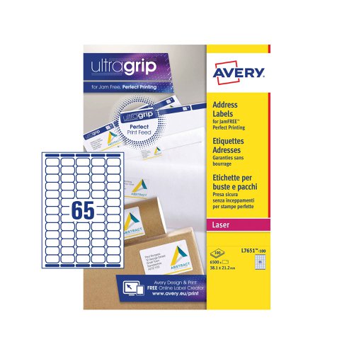 Avery Laser Mini Label 38x21mm 65 Per A4 Sheet White (Pack 6500 Labels) L7651-100