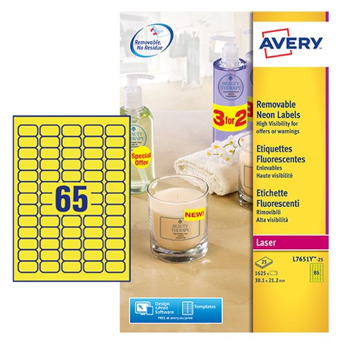 44468AV - Avery Laser High Visibility Mini Removable Label 38x21mm 65 Per A4 Sheet Neon Yellow (Pack 1625 Labels) L7651Y-25