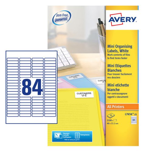 Avery Multipurpose Mini Label 46x11mm 84 Per A4 Sheet White (Pack 2100 Labels) L7656-25