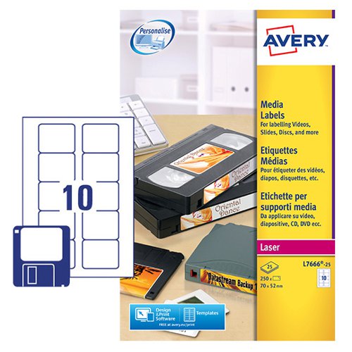 Avery Laser 3.5 inch Diskette Label 70x52mm White (Pack 250 Labels) L7666-25