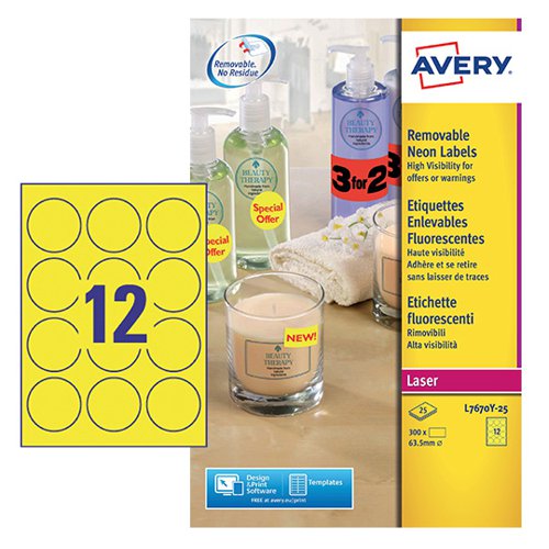 Avery Laser High Visibility Round Removable Label 63.5 Diameter 12 Per A4 Sheet Neon Yellow (Pack 300 Labels) L7670Y-25