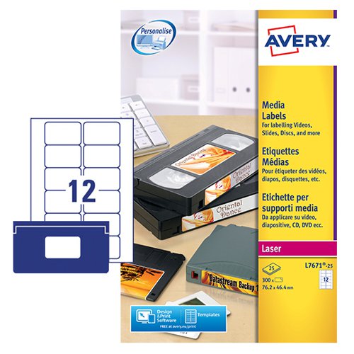 Avery Laser Video Face Label 76.2x46.4mm 12 Per A4 Sheet White (Pack 300 Labels) L7671-25