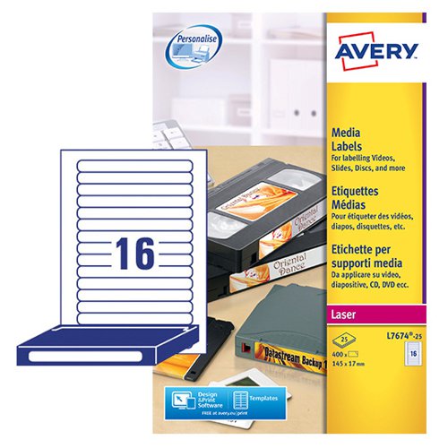 Avery Laser Video Spine Label 145x17mm 16 Per A4 Sheet White (Pack 400 Labels) L7674-25