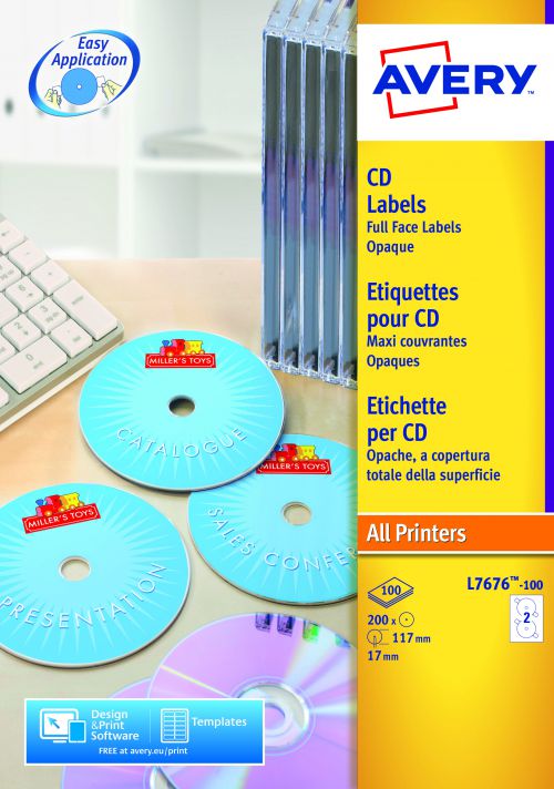 Avery CD/DVD Labels Laser 2 per Sheet Dia.117mm Full Face Opaque White Ref L7676-100 [200 Labels] 842656 Buy online at Office 5Star or contact us Tel 01594 810081 for assistance