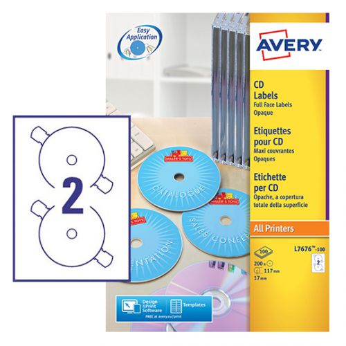 Avery Full Face CD/DVD Matt Label 117mm Diameter 2 Per A4 Sheet White (Pack 200 Labels) L7676-100  44538AV