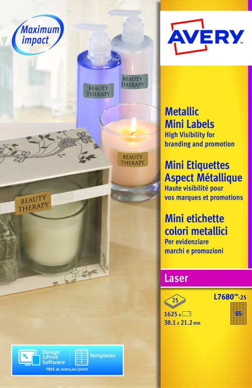 Avery L7680-25 Mini Labels , 38.1 x 21.2 mm, Permanent, 65 Labels Per Sheet, 1625 Labels Per Pack