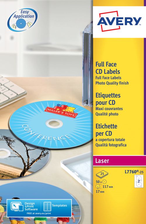 Avery Laser Full Face CD/DVD Glossy Label 117mm Diameter 2 Per A4 Sheet White (Pack 25 Labels) L7760-25  44559AV