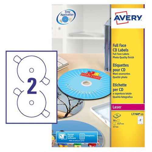 Avery Laser Full Face CD/DVD Glossy Label 117mm Diameter 2 Per A4 Sheet White (Pack 25 Labels) L7760-25  44559AV