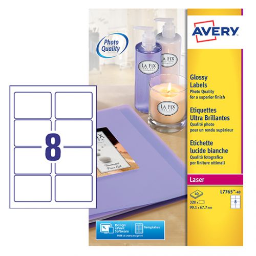 Avery Glossy Labels Laser Photographic Finish 8 per Sheet 99.1x67.7mm White Ref L7765-40 [320 Labels]