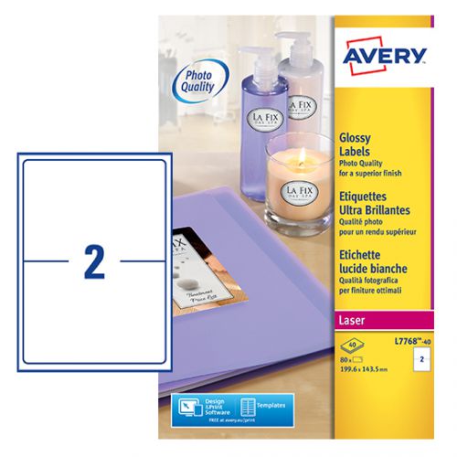 Avery Glossy Colour Labels 200x143mm L7768-40 2 Per Sheet PK80