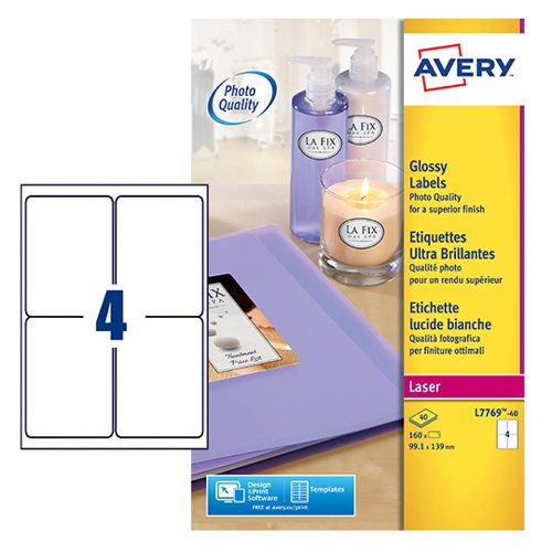 Avery Laser Glossy Label 139x99mm 4 Per A4 Sheet White (Pack 160 Labels) L7769-40 44587AV Buy online at Office 5Star or contact us Tel 01594 810081 for assistance
