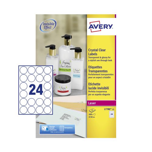 Avery Laser Label 40mm Diameter 24 Per A4 Sheet Crystal Clear (Pack 600 Labels) L7780-25 44601AV Buy online at Office 5Star or contact us Tel 01594 810081 for assistance