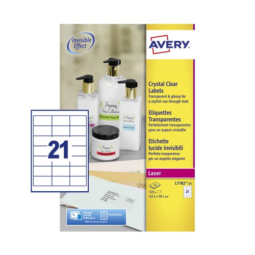 Avery Crystal Clear Laser Labels 21 per Sheet 63.5x38.1mm Transparent 525 Labels Pack 25 Address Labels LA1258
