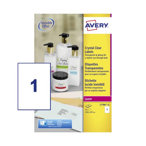 Avery Crystal Clear Labels Laser 1 per Sheet 210x297mm Transparent Ref L7784-25 [25 Labels] 4105530 Buy online at Office 5Star or contact us Tel 01594 810081 for assistance