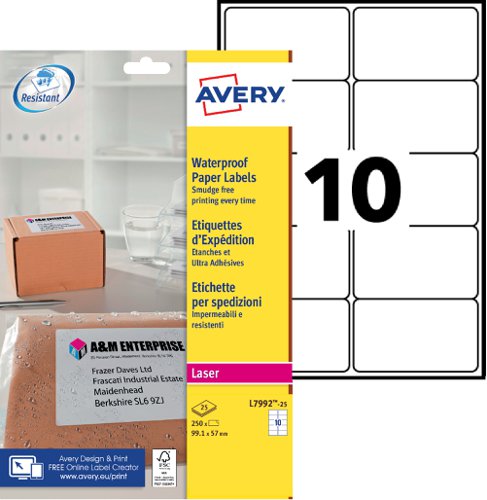 44650AV - Avery Laser Weatherproof Parcel Label 99x57mm 10 Per A4 Sheet White(Pack 250 Labels)L7992-25