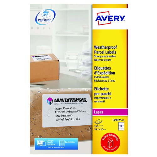 Avery L7992-25 Waterproof Labels 25 sheets - 10 Labels per Sheet