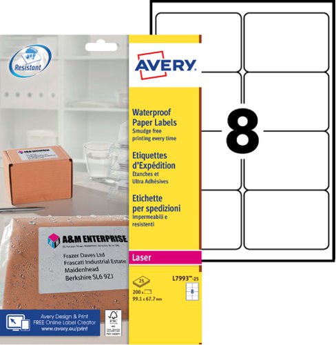 Avery Weatherproof Shipping Labels 99.1 x 67.7 mm 25 Sheets/200 Labels Pack 25 Address Labels LA2133