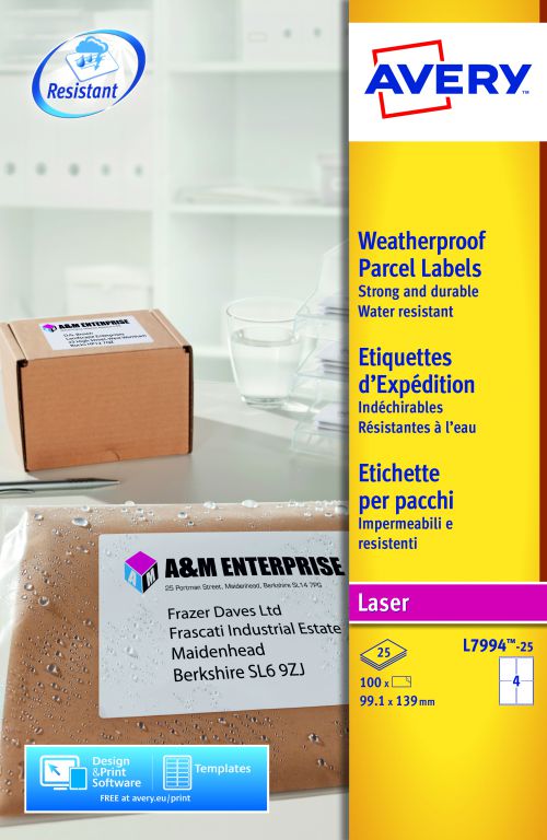 Avery Weatherproof Shipping Label 4TV 99.1x139mm L7994-25 [100 Labels]