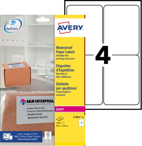 Avery Laser Weatherproof Parcel Label 99x139mm 4 Per A4 Sheet White (Pack 100 Labels) L7994-25