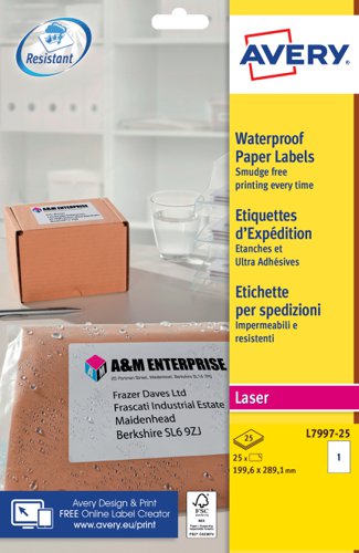 Avery Waterproof Paper Label 199.6x289.1mm 1 per Page (Pack 25) - L7997-25