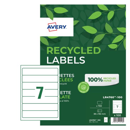 Avery Recycled Filing Label Lever Arch File 192x38mm 7 Per A4 Sheet White (Pack 700 Labels) LR4760-100