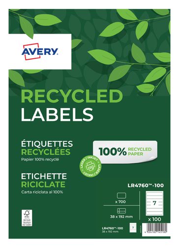 Avery LR4760-100 Recycled Filing Labels, 192 x 38 mm, Permanent, 7 Labels Per Sheet, 700 Labels Per Pack