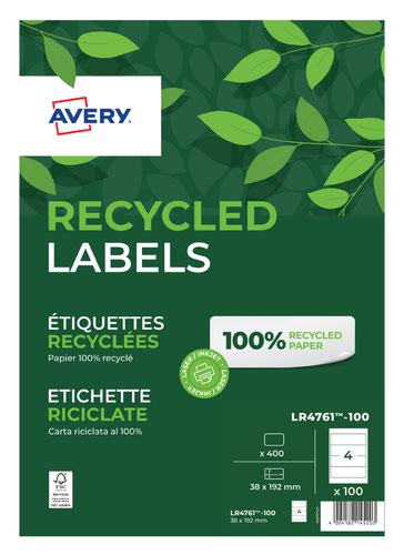 Avery Recycled Filing Label Lever Arch File 192x61mm 4 Per A4 Sheet White (Pack 400 Labels) LR4761-100
