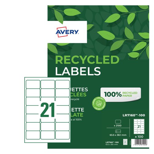 Avery Addressing Labels Laser Recycled 21TV 63.5x38.1mm White LR7160-100 [2100 Labels]