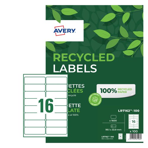Avery Laser Labels Recycled 16 Per Sheet Wht (Pack of 1600) LR7162-100 AV81506 Buy online at Office 5Star or contact us Tel 01594 810081 for assistance