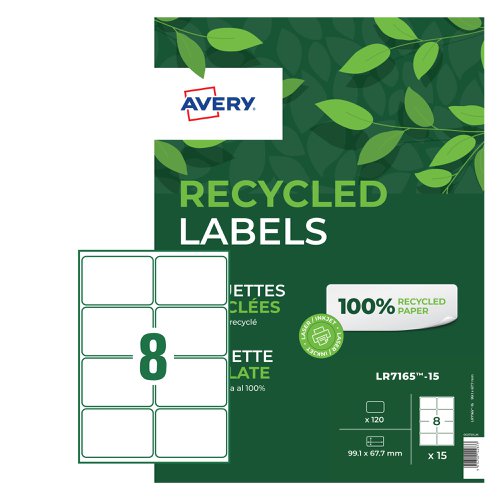 Avery Laser Recycled Address Label 99.1x67.7mm 8 Per A4 Sheet White (Pack 120 Labels) LR7165-15