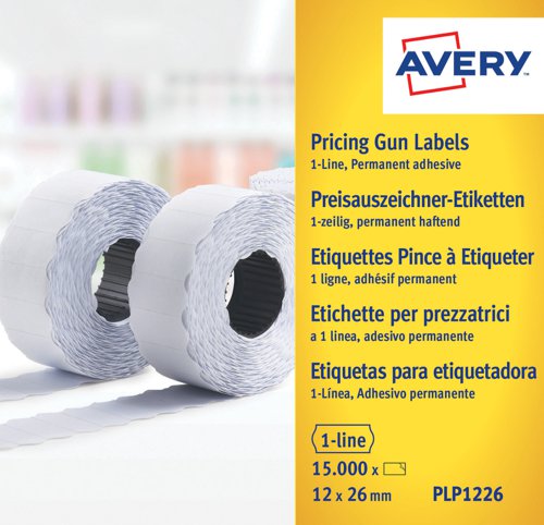 Avery Labels for Labelling Gun 1-Line Permanent White 12x26mm 1500 Per Roll PLP1226 [Pack 10]