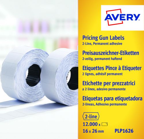 Avery Dennison 2-Line Permanent Label 16x26mm White (Pack of 12000) WP1626 Price Gun Labels AV11626