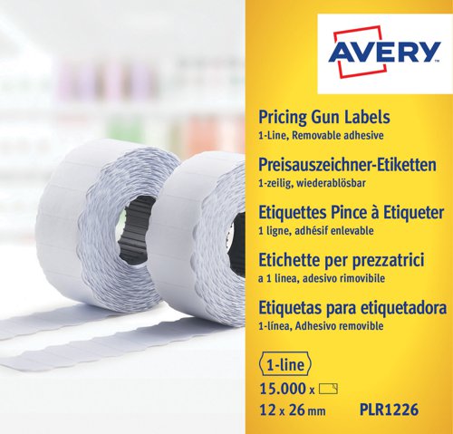 Avery Labels for Labelling Gun 1-Line Removable White 12x26mm 1500 per Roll PLR1226 [Pack 10]