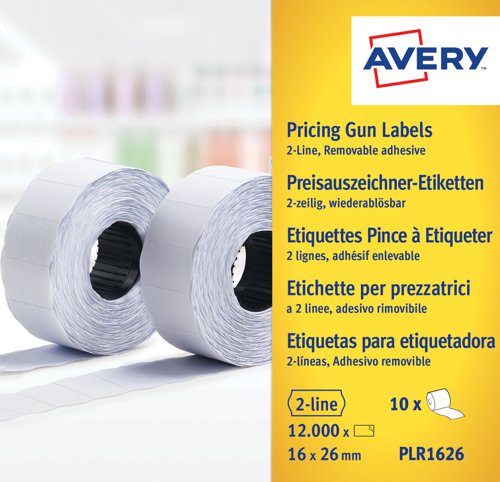 Avery Labels for Labelling Gun 2-Line Removable White 16x26mm 1200 per Roll PLR1626 [Pack 10]