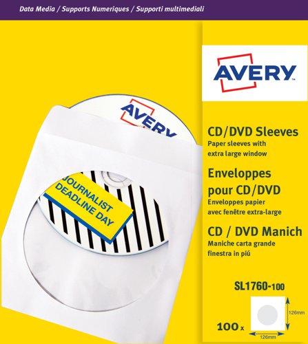 Avery CD/DVD Sleeves Window 126x126mm (Pack 100) SL1760-100