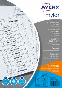 Avery Index Mylar 1-20 Unpunched Mylar-reinforced Tabs 150gsm A4 White Ref 05242061 [Pack 5]