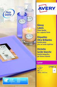 Avery Glossy Colour Labels 200x143mm L7768-40 2 Per Sheet PK80