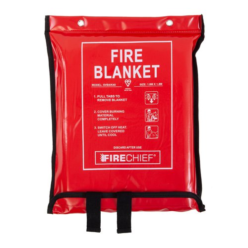 101-1511 | This Firechief soft case of this 1.8m x 1.8m fire blanket makes for a very straightforward and simple fire blanket design. The blanket is held in by a Velcro strap which releases when the blanket is pulled meaning it is very reliable and easy to operate.  *Red screen-printed soft PVC pack *Kitemark certified to BSEN1869 *K40 Blanket - weaved twill cloth