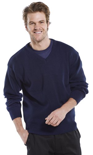The Beeswift Click acrylic V-neck military style security sweater. Presents a smart and professional appearance. The V-neck allows for a shirt and tie to be visible for a more formal look if required. Made with thick 100% acrylic material for added warmth and comfort.